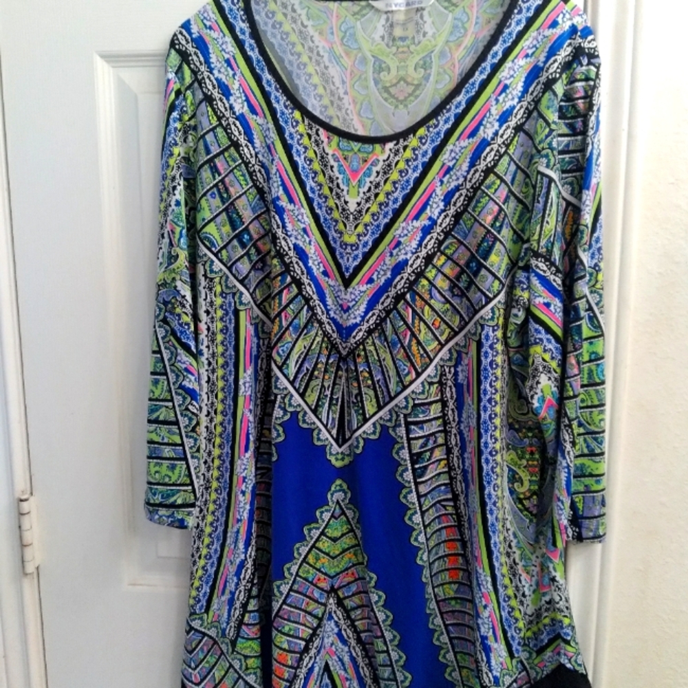 Boho Geometric Print Asymmetrical Tunic Dress with 3/4 Sleeves -‎ Blue & Green